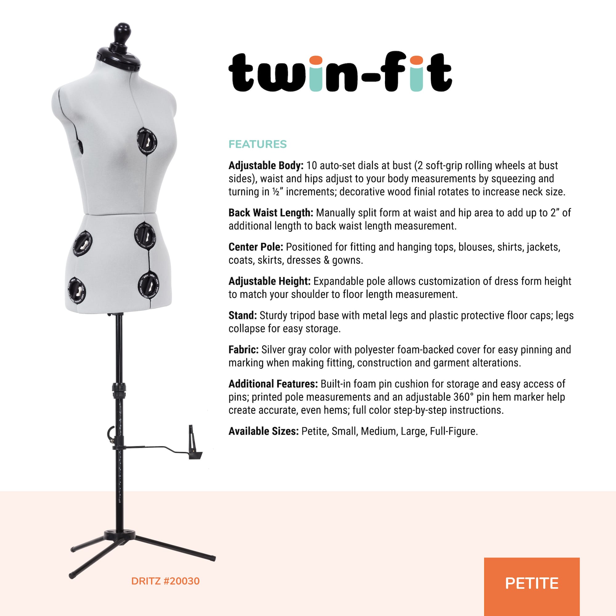Dritz® Twin-Fit Petite Dress Form with Adjustable Tri-Pod Stand